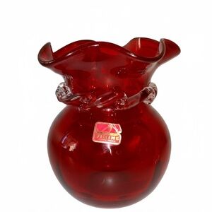 Viking Glass Ruby Red and Clear Ruffle Top Bud Glass Vase Marked